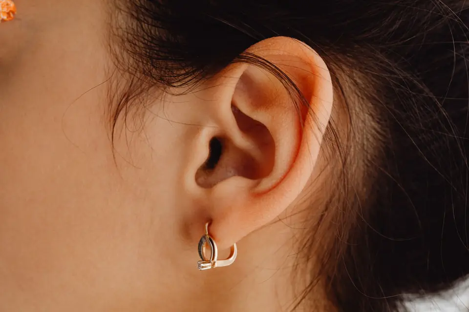 Oreja con varios piercings (foto de banco)